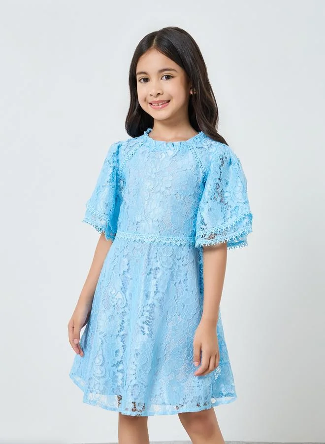Styli Girls Blue Lace Flute Sleeve Knee-Length Dress